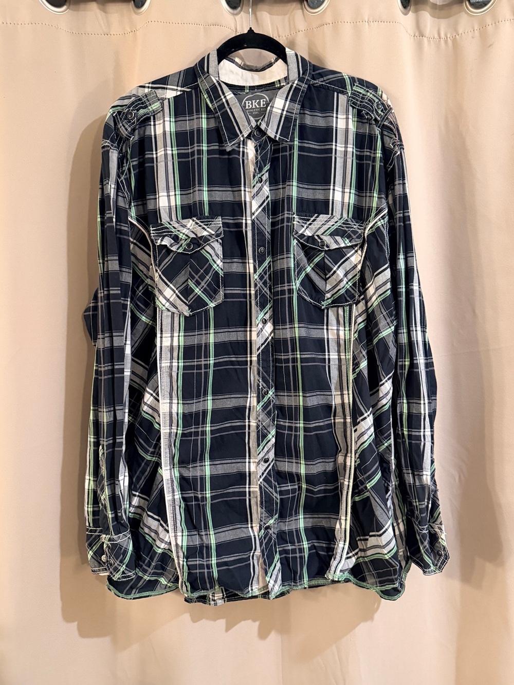 BKE Men’s Navy & Green Plaid Button-Up Shirt